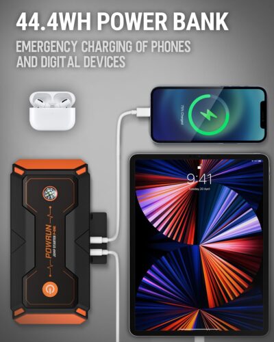 Powrun P-ONE Jump Starter, 2000A Portable Jump Box - Car Jump Starter Battery Pack for up to 8.0L Gas and 6.5L Diesel Engines, 12V Battery Jump Starter with Carry Case (Orange) - Image 5