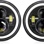 Shkalacar 7inch LED Headlight H4 140W Angel Eyes Round Headlights 4 Modes 14000LM 6000K White/3000K Amber Car Motorcycle Headlight Auto Ring Lights IP67 Waterproof 2pcs