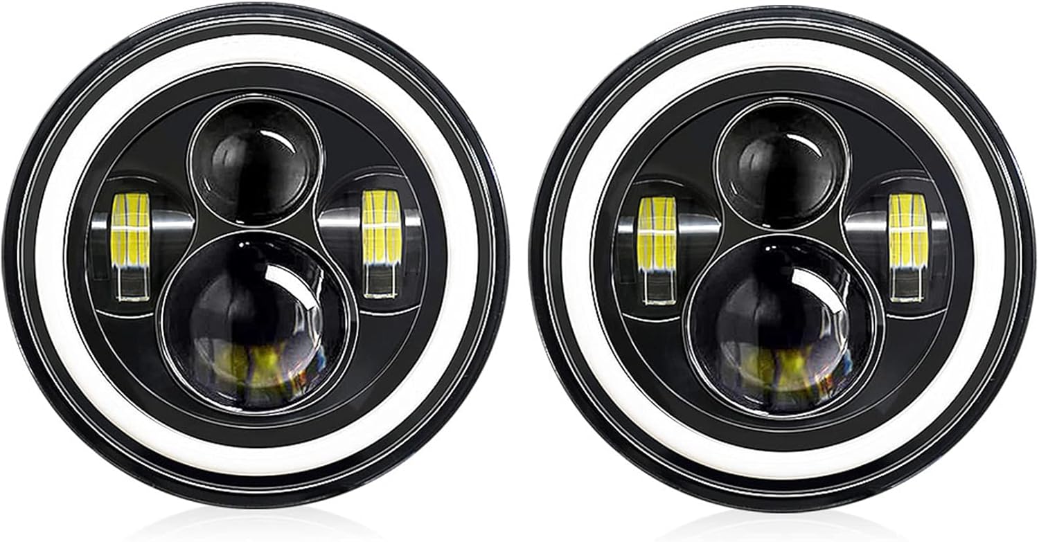 71FOxltEWZL._AC_SL1500_.jpg Shkalacar 7inch LED Headlight H4 140W Angel Eyes Round Headlights 4 Modes 14000LM 6000K White/3000K Amber Car Motorcycle Headlight Auto Ring Lights IP67 Waterproof 2pcs - Image 1