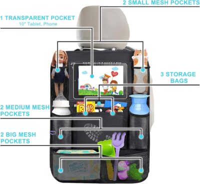 Matenf Car Organizer Back Seat with 9 Storage Pockets & 10″ Tablet Holder, 1Pack Seat Back Cover for Kids Toddlers, Kick Mats Protector, Keep Cars Vehicles Organized & Tidy, Travel Accessories - Image 4