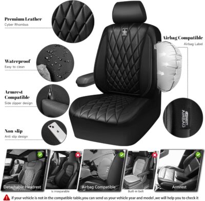 CAR PASS 5 Seats Piping Luxury Faux Leather Seat Covers Full Set, Anti-Slip Waterproof Seat Covers Compatible with Front Armrests, Universal Fit for Suvs,Vans,Trucks,Airbag Compatible, Pure Black - Image 4