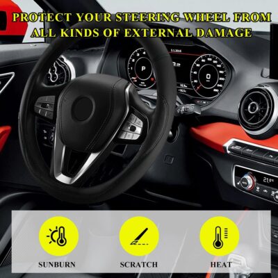 Car Steering Wheel Cover, Premium Leather Steering Wheel Protector with Anti-Slip Lining, Universal 15" Soft Breathable Auto Steering Wheel Cover, Interior Car Accessories (Black) - Image 4