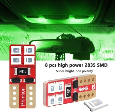 PHINLION 168 194 Green LED Bulb Super Bright Wedge 2825 175 T10 8-SMD Chipsets LED Replacement Bulbs for Car Interior Dome Map Door Courtesy Dash Instrument License Plate Lights, Pack of 10 - Image 3