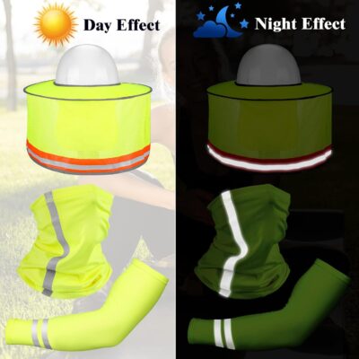 SATINIOR 3 Pcs Sun Hard Hat Neck Protection High Visibility Full Brim Mesh Sun Protection Bandana Headband Arm Sleeves with Reflective Strap for Construction Helmet Hard Hat(Neon Yellow) - Image 2