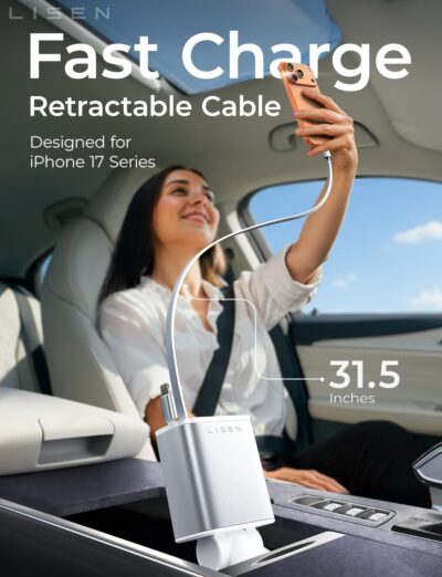 LISEN White Retractable Car Charger, for Gifts for Him Her, for iPhone 17, Cute 4 in 1 Retractable USB C Car Charger for Women, 75W Fast Charging Car Accessories for iPhone & Samsung S26 & Android - Image 2