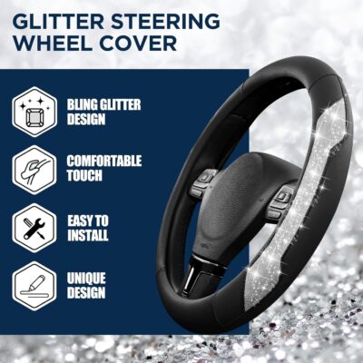 PIC AUTO Steering Wheel Cover, Silver Sparkly Crystal Bling Glitter with Leather, Universal Fit 14.5"-15.5" Car Steering Wheels for Girls & Women, Anti-Slip Wheels Cover for Cars, Trucks, Van, SUVs - Image 4