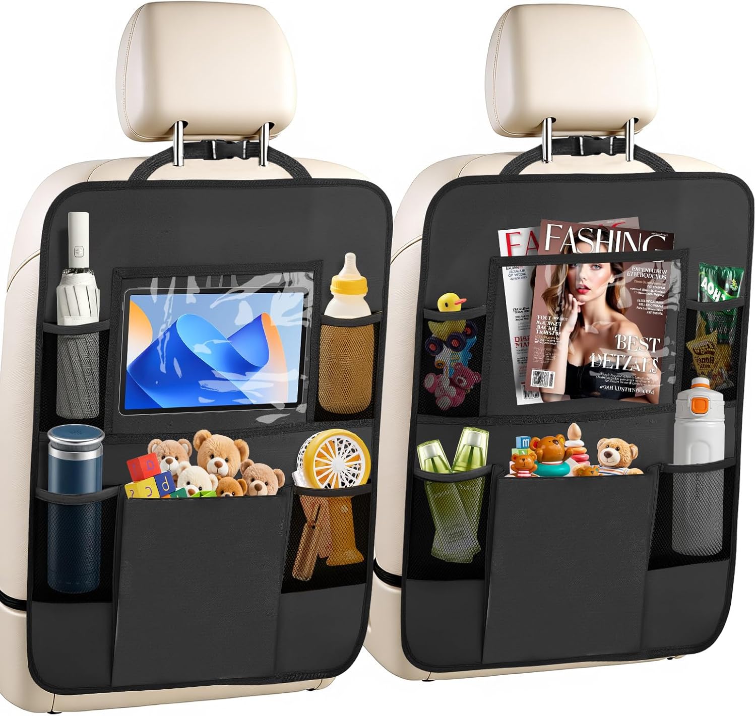 71GGnqWc5rL._AC_SL1500_.jpg 2 Pack Car Backseat Organizer with Touch Screen Tablet Holder,6 Storage Pockets Protectors Kick Mats,Car Back Seat Cover Protector Travel Accessories for Kids - Image 1