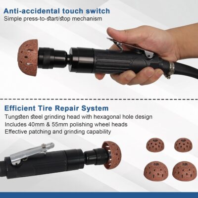 Air Tire Repair Polish Patch Kit Heavy Duty - Includes 2500RPM Air Tire Buffer, Tire Inner Liner Scraper, 4 Tungsten Steel Buffing Wheel, Patch Roller, & Wire Brush - Professional Tire Patch Tools - Image 4