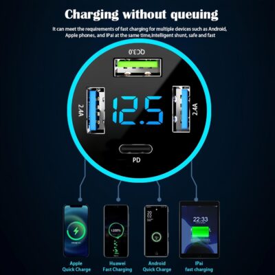Car Charger Adapter, 4-Port Cigarette Lighter USB Charger Adapter with Voltmeter PD 3.0 & QC 3.0 Car USB Charger Multi Port Accessories Fast Charging for iPhone, Samsung, iPad & Phone Tablets - Image 5