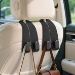 Car Seat Headrest Hooks - 2 Pack Universal Car Purse Hook, Leather Car Bag Purse Holder with Double Metal Hooks for Handbags, Grocery Bags, Bottles, Phones