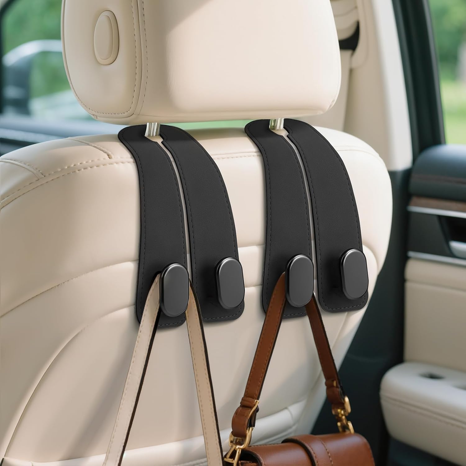 71GWHOM0cGL._AC_SL1500_.jpg Car Seat Headrest Hooks - 2 Pack Universal Car Purse Hook, Leather Car Bag Purse Holder with Double Metal Hooks for Handbags, Grocery Bags, Bottles, Phones - Image 1