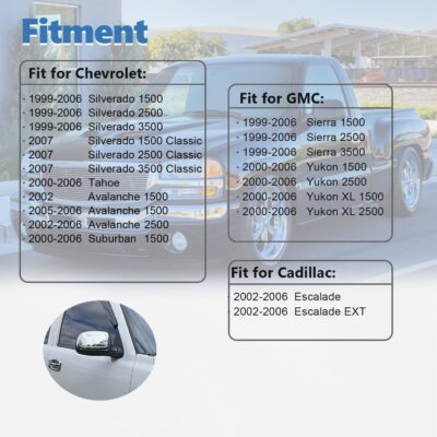 AUCERAMIC Chrome Mirror Cover Caps Fit 1999-2007 for Chevy Silverado Suburban Tahoe Avalanche 1999-2006 for GMC Sierra Yukon 2002-2006 for Cadillac Escalade (Stick-on Overlay) - Image 2