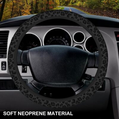 Black Leopard Print Cheetah Elastic Steering Wheel Cover, Non-Slip Breathable Neoprene Steering Wheel Covers, Women Leopard Car Accessories, Universal 15 Inch Fit Auto, Suvs, Truck - Image 3