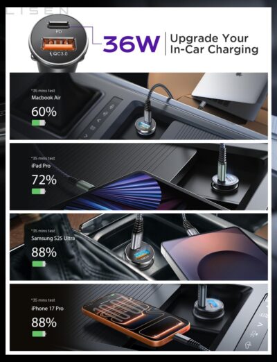 LISEN Car Charger USB C, 69W Cigarette Lighter USB Charger Adapter, Car Accessories Gifts for Men, Mini USBC Cars Fast Charging Adapter USBC Type C 12V Plug Outlet, for iPhone 17 Pro Max 16 15 14 13 - Image 8