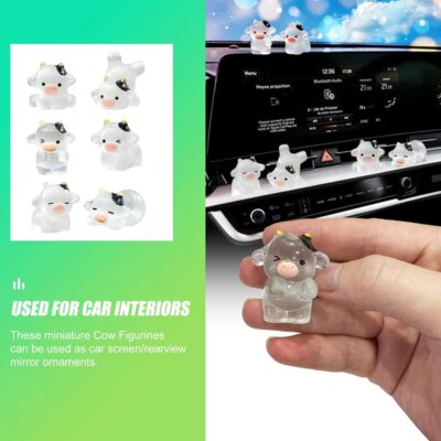 6Pcs Cute Luminous Cow Car Dashboard Decor Set- Cars Rearview Mirror/Dashboard/Touchscreen Top Funny Adorable Auto Rear View Mini Cows Ornament (Clear White) - Image 4