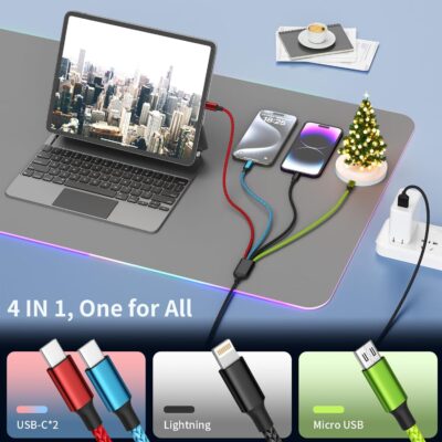 4 in 1 Multi Charging Cable [2Pack 5FT], Tangle Free USB C Car Charger Cable Nylon Braided with 2 USB-C/IP/Micro, Travel Charging Cords for iPhone Android iPad and More - Image 5