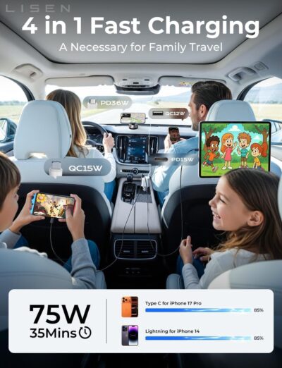 LISEN White Retractable Car Charger, for Gifts for Him Her, for iPhone 17, Cute 4 in 1 Retractable USB C Car Charger for Women, 75W Fast Charging Car Accessories for iPhone & Samsung S26 & Android - Image 7