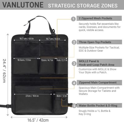 Tactical Car Seat Organizer with Multiple Pockets, MOLLE Panel System & Mesh Compartments, Durable Nylon ​Universal Vehicle Backseat Storage with Cup Holder, Water-Resistant (Black)​ - Image 3