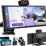 CarPlay Screen for Car Tablet Android Auto Smart Screen for Car, 4K Dash Cam Portable Car Play with 3 Channel Camera Backup Camera,10.26” Wireless Display FM Radio Stereo Bluetooth 5.2, 32GB Black