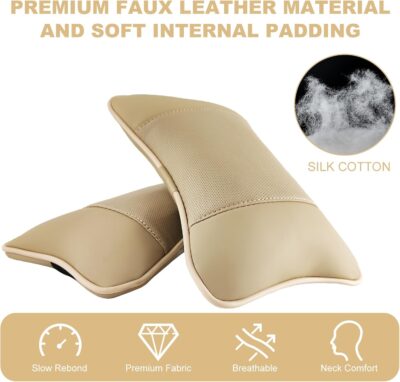 2 Pack Car Neck Pillow PU Leather Automotive Headrest Pillow for Car Support Neck Pain Relief Universal Car Pillow (Beige) - Image 5