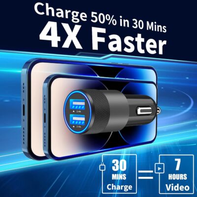 【MFi Certified】iPhone Car Charger Fast Charging, Rombica 4.8A Dual USB Smart Power Cigarette Lighter USB Car Charger with 2Pack Lightning Braided Cable for iPhone 14 13 12 11 Pro XS Mini XR X SE iPad - Image 3