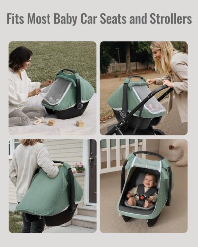 Blissful Diary Baby Car Seat Cover, Extra Large Mesh Window, Breathable Muslin Cotton, Infant Windproof Canopy, Must-Have Baby Gift - Roman Green - Image 6