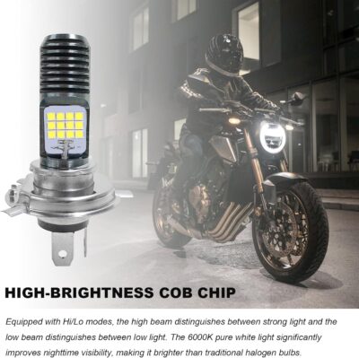 9-16V H4 LED Motorcycle Headlight Bulbs, Super Bright 3030 Chips Bulb Halogen Lamp Replacement, Waterproof High/Low Beam LED Headlight Bulb for Most Motorcycles ATVs (White) - Image 4