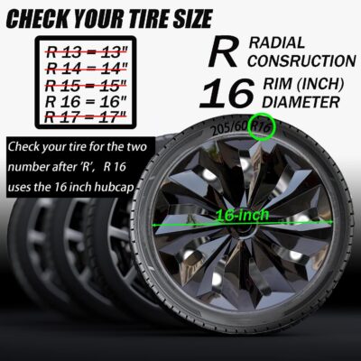 Hubcaps Wheel Cover Replacement R16 Size Hub Cap Universal-Fit Steel Wheel Rim Caps ABS Tire Covers for Most Cars Trucks Sedans SUV -Set of 4（16-inch，Black） - Image 2