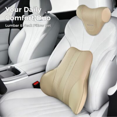 Coverado Car Headrest Pillow, Ergonomic Memory Foam Car Neck Pillow for Driving Seat with Adjustable Strap, Soft PU Leather Breathable Removable Cover Neck Support for Neck Pain Relief - Beige - Image 8