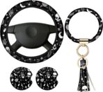 4 Pieces Black Moons White Stars Print Car Accessories Set Black Moons White Stars Steering Wheel Cover with 2 Pieces Car Cup Holder and Leather Keyring for Truck Suv(Horror Pattern)