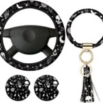 4 Pieces Black Moons White Stars Print Car Accessories Set Black Moons White Stars Steering Wheel Cover with 2 Pieces Car Cup Holder and Leather Keyring for Truck Suv(Horror Pattern)