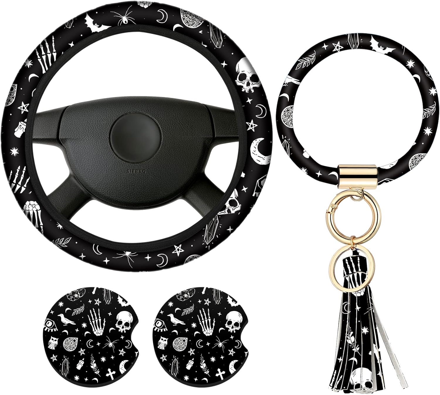 71I0xbeNMnL._AC_SL1500_.jpg 4 Pieces Black Moons White Stars Print Car Accessories Set Black Moons White Stars Steering Wheel Cover with 2 Pieces Car Cup Holder and Leather Keyring for Truck Suv(Horror Pattern) - Image 1