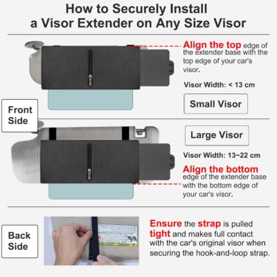 Veharvim Sun Visor Extender for Car with 2 Side Sunshade, Polarized UV400 Visor Extender Attachment for Car Visor with PC Lens,Anti-Glare for Safe Driving (2 Side Panel) (Red Zipper, Driver Side) - Image 5