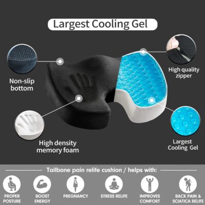 Gel Seat Cushion for Long Sitting - Memory Foam Chair Pillow for Sciatica Pain Relief - Orthopedic Gel & Memory Foam Coccyx Ppad for Tailbone Sick - Office Chair Cushion for Back Pain Grey - Image 5