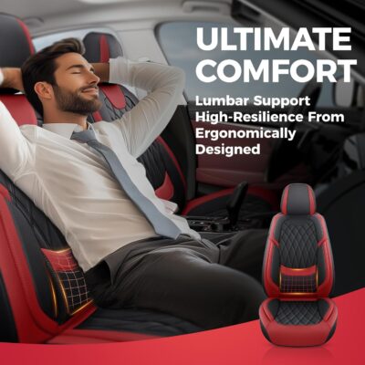 FREESOO Black Red Car Seat Covers Full Set - Faux Nappa Leather Seat Covers for Cars, Breathable Waterproof Front Seats with Lumbar Support and Rear Seat Cover, Fit for Automotive Sedans SUVs Pickups - Image 6