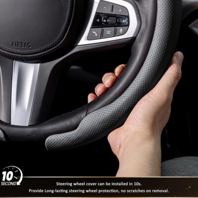Aimato Nappa Leather Steering Wheel Cover, Ultra-Thin Car Steering Wheel Cover,Comfortable & Breathable Microfiber,Universal Fit for Most Cars, Black - Image 5