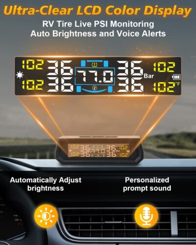 RV Tire Pressure Monitoring System, Wireless TPMS with Solar Charger and USB, 4 Sensors and 6 Alarm Modes Real-time Color LCD Display Tire Pressure Monitor System for SUV Mpv Sedan Truck - Image 2