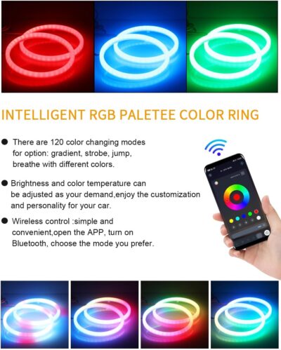 Qasim Angel Eyes Halo Rings Cotton Lights 12V 70MM RGB LED Universal for Car Scooter Motorcycle DRL Fog Light Turn Signal Light APP Bluetooth Control Multi-Color 2-Pack - Image 5