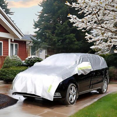 Half Car Cover with Cotton All Weather Car Body Covers Outdoor Indoor for All Season Waterproof Dustproof UV Resistant Snowproof Universal (Fit MPV/SUV Length 184'' to 195''), Silver - Image 8