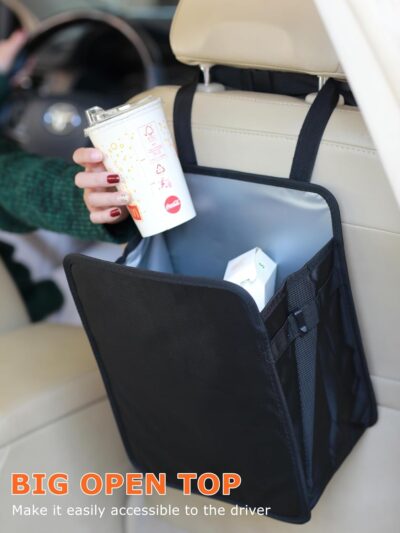 Ginsco 3 Gallons Open-Top Car Trash Can, Large Capacity Hanging Leakproof Car Trash Bag with Water-proof PEVA Liner, Stand Trash Bag for Cars Foldable Storage Bag for Cars SUV Truck RV Black - Image 3