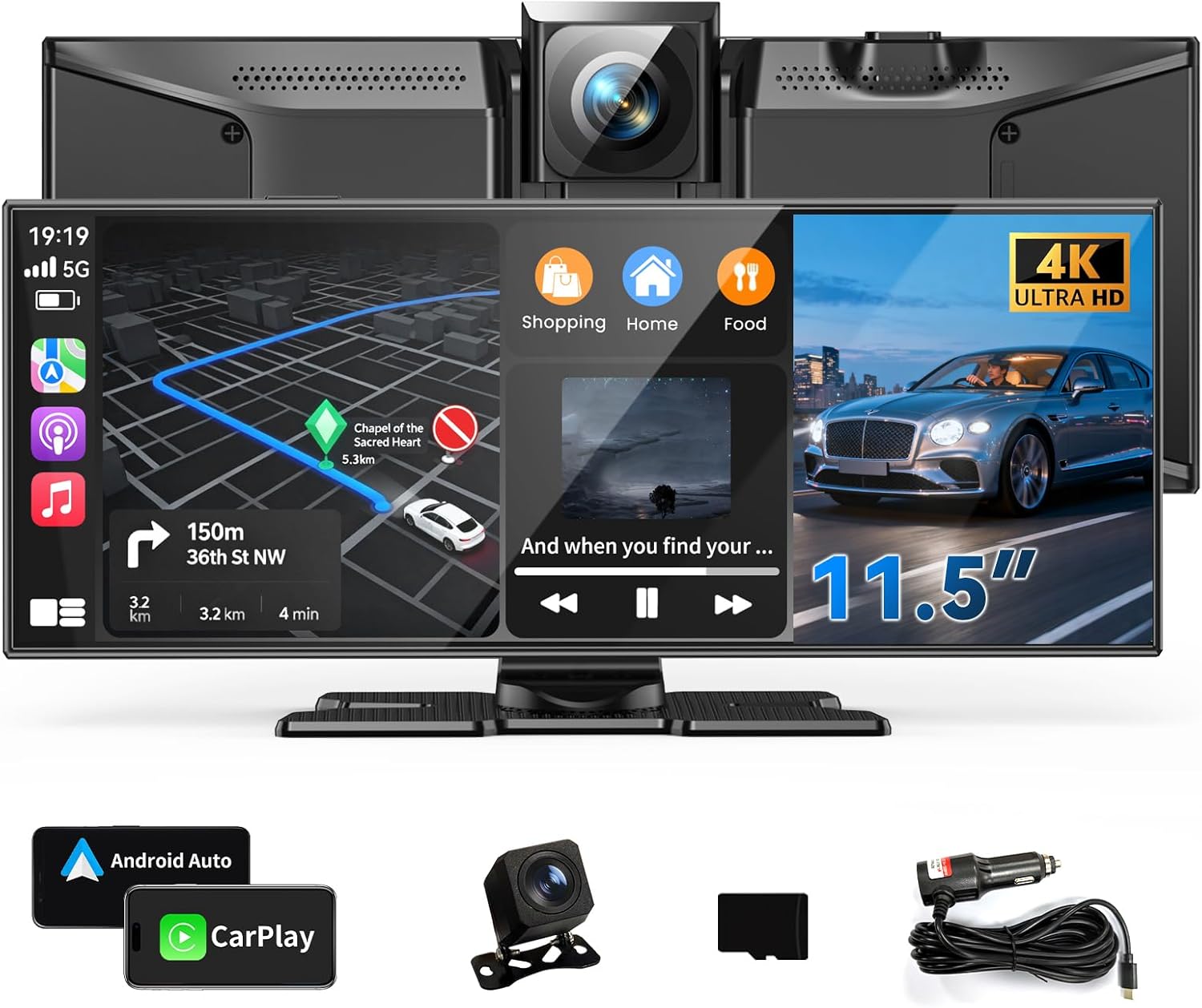 71IhXzClML._AC_SL1500_.jpg 11.5" Largest Wireless Carplay Screen for Car, Portable Apple Carplay & Android Auto Touch Screen, 4K Dash Cam/App Control/1080p Backup Camera/Mirror Link/Voice Control/GPS/Bluetooth,for All Vehicles - Image 1