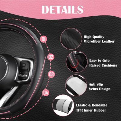 CAR PASS Car Seat Covers Full Set for Women Girls with Waterproof Car Floor Mats,Anti-Slip Leather Steering Wheel Cover,Universal Fit for SUVs,Vans,Trucks,Sedans,Cars (Combo Set,Black & Pink) - Image 5