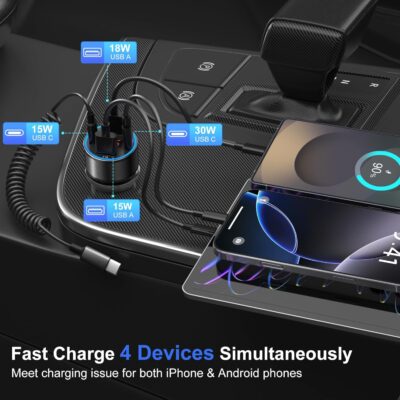 3 Pack USB C Car Charger, 4-Port 65W Dual 12V USB-A & USBC Cigarette Lighter Adapter Plug with Voltmeter PD/QC 3.0 Fast Charging Car Phone Charger for iPhone 17 16e 15 14 13 12 Pro Max, Android-Black - Image 4
