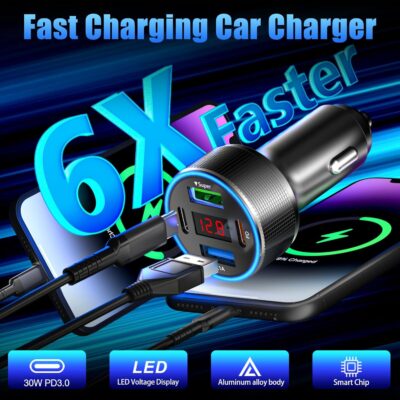 Car Charger USB C, 78W 4 Port Fast Charging Car Phone Charger Adapter, Dual USB-C & USB-A Cigarette Lighter Adapter with Voltmeter Vehicle Accessories for iPhone 17 16, iPad, Samsung, Android - Image 2