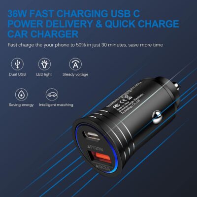 USB C Car Charger, 38W Fast Charge Car Charger Adapter PD&QC 3.0 Dual Port Cigarette Lighter USB Plug for iPhone 17e 17 Pro Max Air 16e 16 15 14 13 12 11 SE XR XS X 8, Samsung Galaxy S26 S25 S24 S23 - Image 5