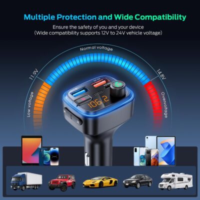 Bluetooth 5.4 Car Adapter, Wireless FM Transmitter with Deep Bass Player, 48W Fast Charging Bluetooth Adapter for Car, Hands-Free Calling & Audio Receiver, MP3 Music Player, Support USB Drive - Image 7