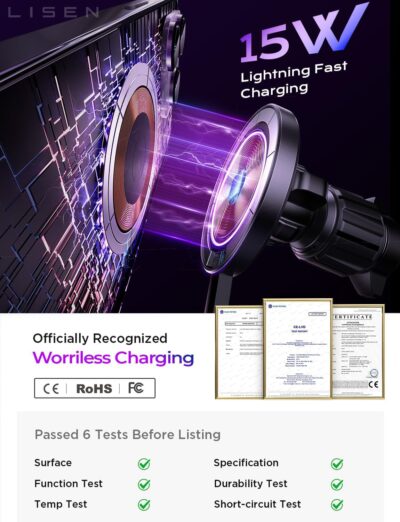 LISEN 15W MagSafe Car Mount Charger,Travel MagSafe Charger,Wireless Car Charger,Magnetic Phone Holder for Car,Phone Holders for Your Car Accessories for Women Men Jeep Ford for iPhone 17-12,Samsung - Image 4