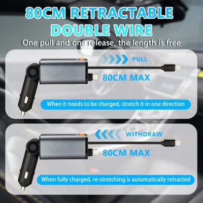 Retractable Car Charger,5 in 1 Fast Cars Phone Charger 60w,Bluetooth 5.3 FM Transmitter Adapter,Handsfree Call,MP3 Player,2 Retractable Cables and USB Chargers, for Phone,Galaxy,Pixel (Black) - Image 6