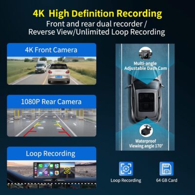 Largest 11.5 inch Wireless CarPlay Screen for Car, A-pple CarPlay & Android Auto HD Touchscreen with 4K Dash Cam/1080P Backup Camera/Navigation/Bluetooth/Voice Control/FM/Mirror Link,for All Vehicles - Image 4