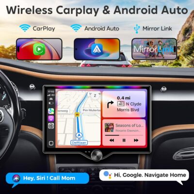10.1" QLED Double Din Car Stereo with Wireless Carplay & Android Auto, Music Sync Luminous Bar, SWC, Bluetooth, Backup Camera, 240W, Dual Subwoofer Output, Car Radio, Navigation, FM/AM - Image 2